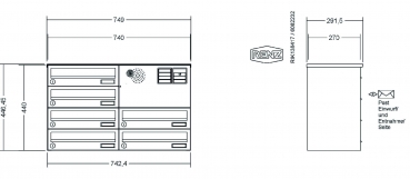 RENZ Briefkastenanlage, Aufputz, Classic Basic B, Edelstahl V4A, Kastenformat 370x110x270mm, mit Klingel - & Lichttaster und Vorbereitung Gegensprechanlage, 6-teilig